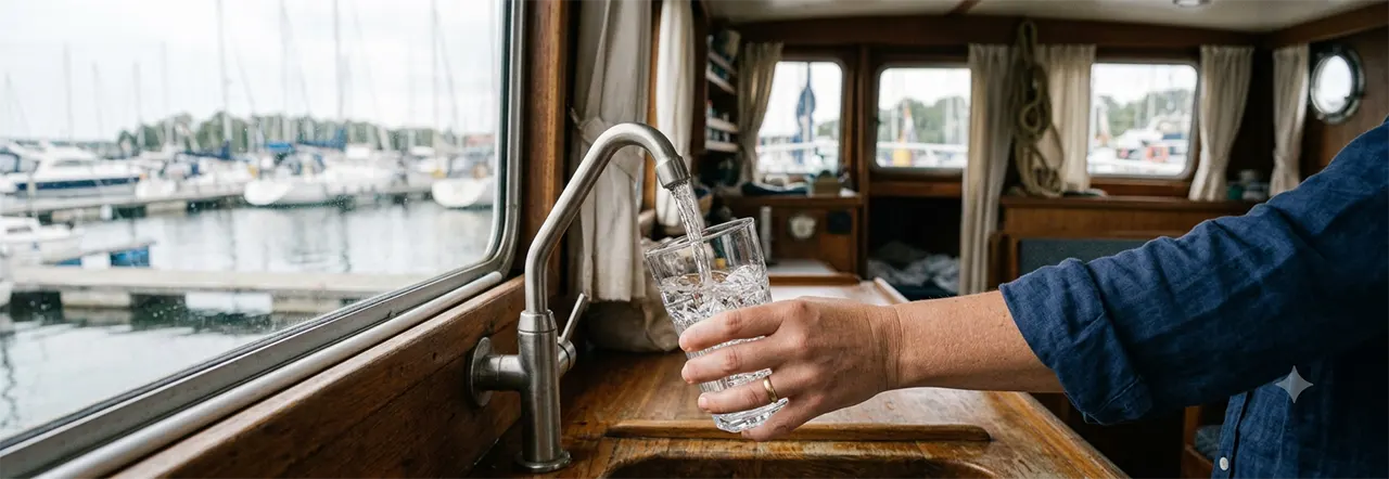Frau füllt ein GLas Wasser am Hahn auf einem Boot auf