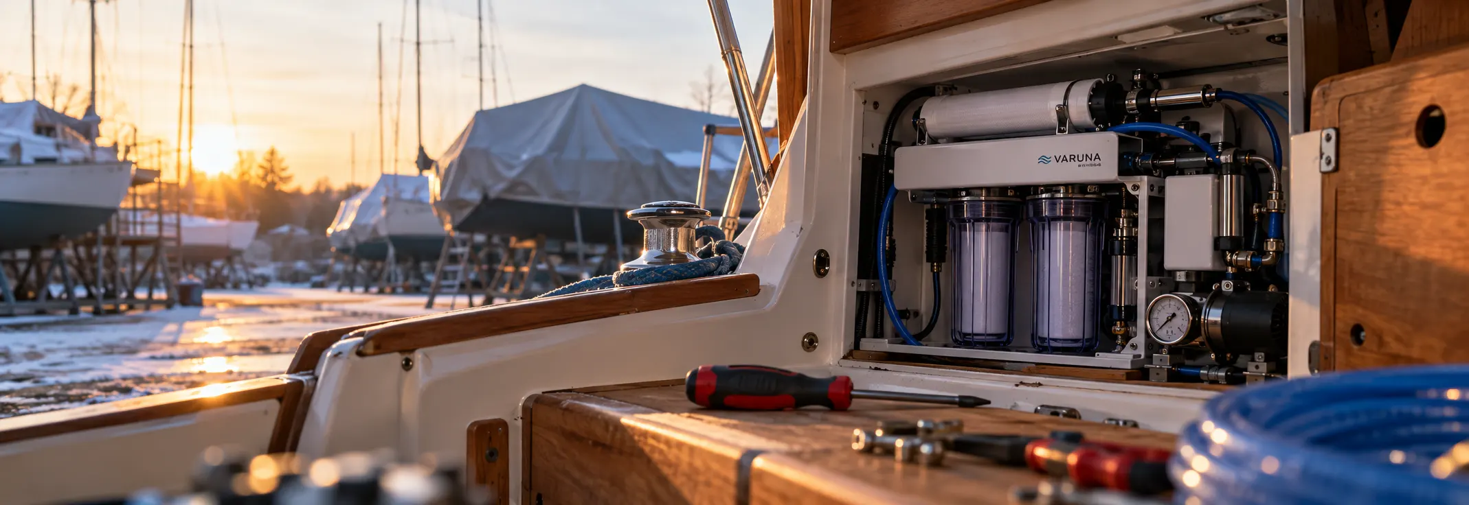 Einbau eines Filtersystems auf einem Boot im Winter
