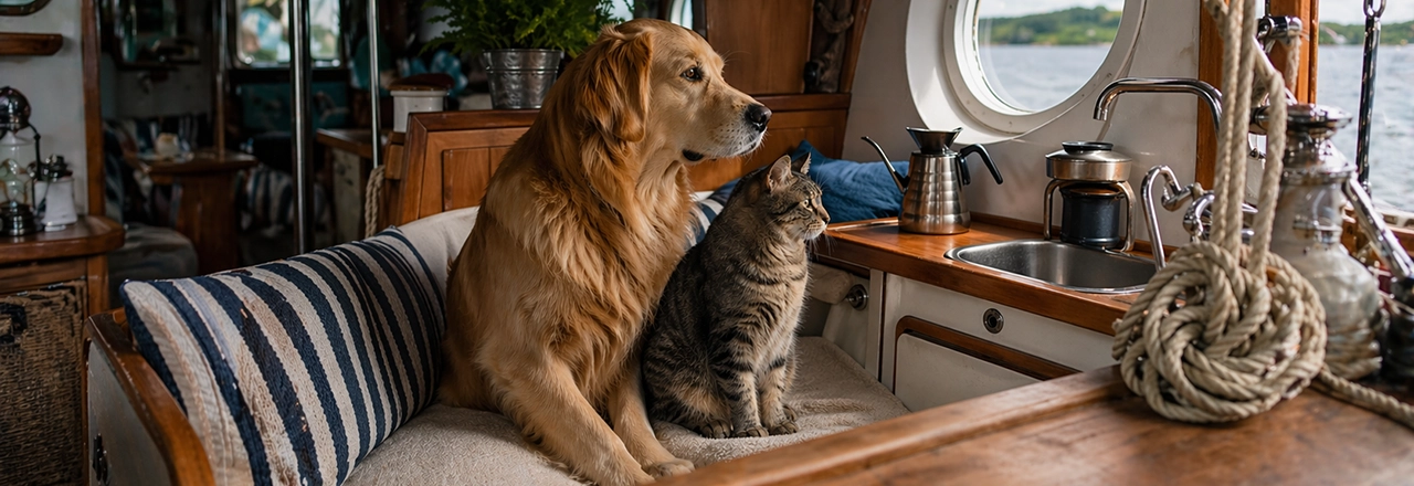 Katze und Hund sitzen zusammen auf einem Stuhl auf einem Boot