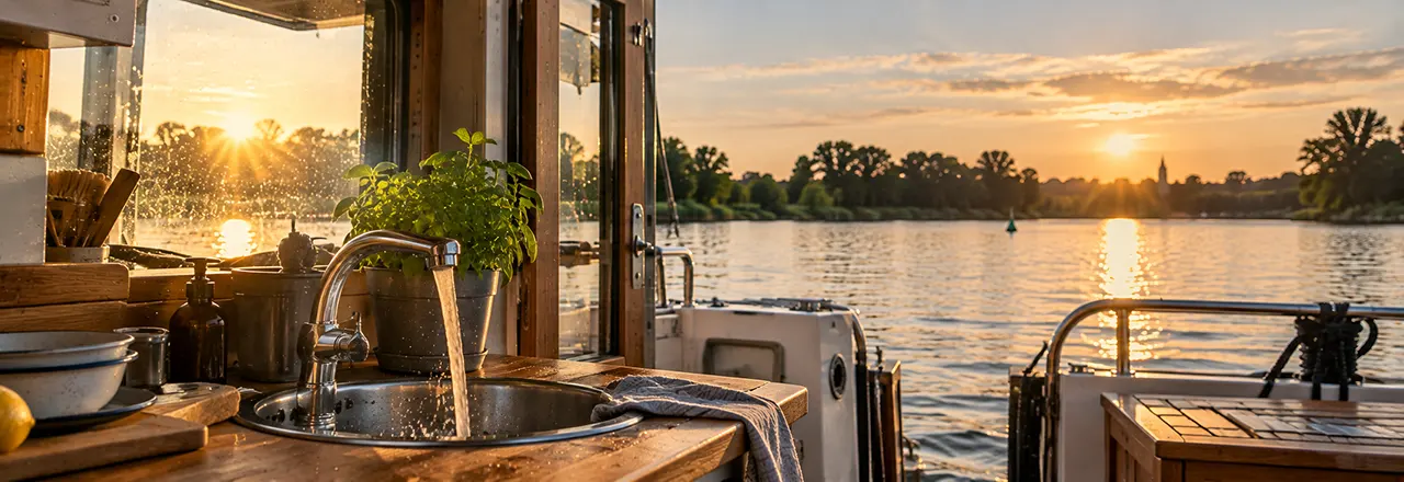 Blick aus dem Salon eines Boots auf einen See