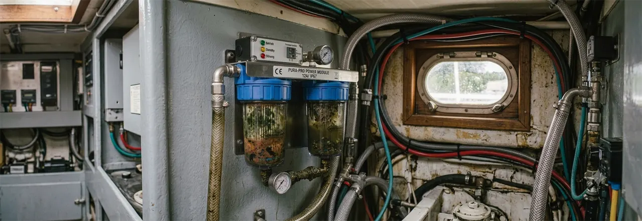 Durchsichtiges Bootswasser-Filtergehäuse mit Sedimentpatrone in einem Technikraum an Bord