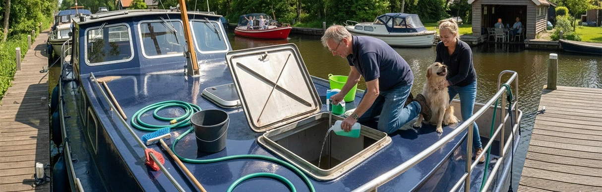 Mann reinigt Bootstank mit Chemie