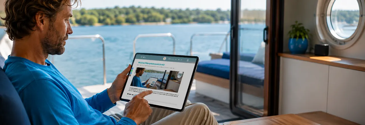 Mann sitzt am Tablet und nutzt den Varuna-Systemfinder